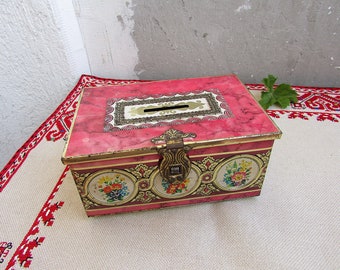 Vintage Tin Money Box Bank '70s with Coin Slot, Hardware Box with Lid, Sheet Metal Box, Old Tin Storage Box, Retro Collectible Tin Box