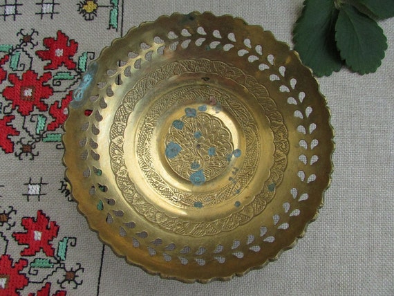 Vintage Solid Brass Pedestal Bowl,Etched Floral Design 8 D Brass Pedestal Tray,