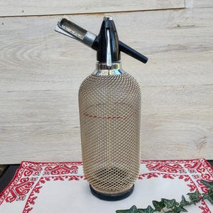 Vintage Soda Siphon Glass Seltzer Bottle with Mesh Cover #2, Soda Dispenser, Autosyphon Bottle, Glass and Wire Soda Water Seltzer Siphon