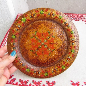 Decorative Wooden Plate with Folk Motifs #4, Wood Hand Carved Dish, Vintage Hand-Painted Plate, Pyrography Plate, Bulgarian Folk Art
