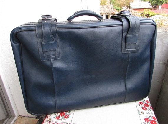 Vintage Leather Suitcase 1980s, Large Blue Faux L… - image 6