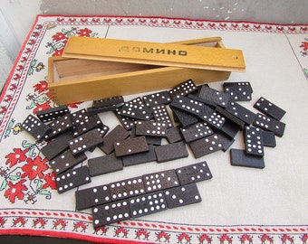 Juego de dominó de madera vintage: juego completo de doble seis en caja