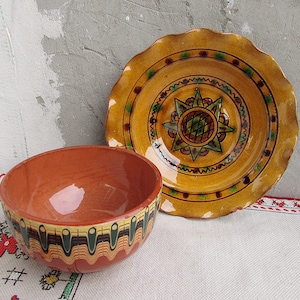 Vinatge Ceramic Set of Two, Clay Set of Serving Plate and Bowl, Hand Painted Glazed Plate and Bowl, Traditional Bulgarian Pottery, Stoneware