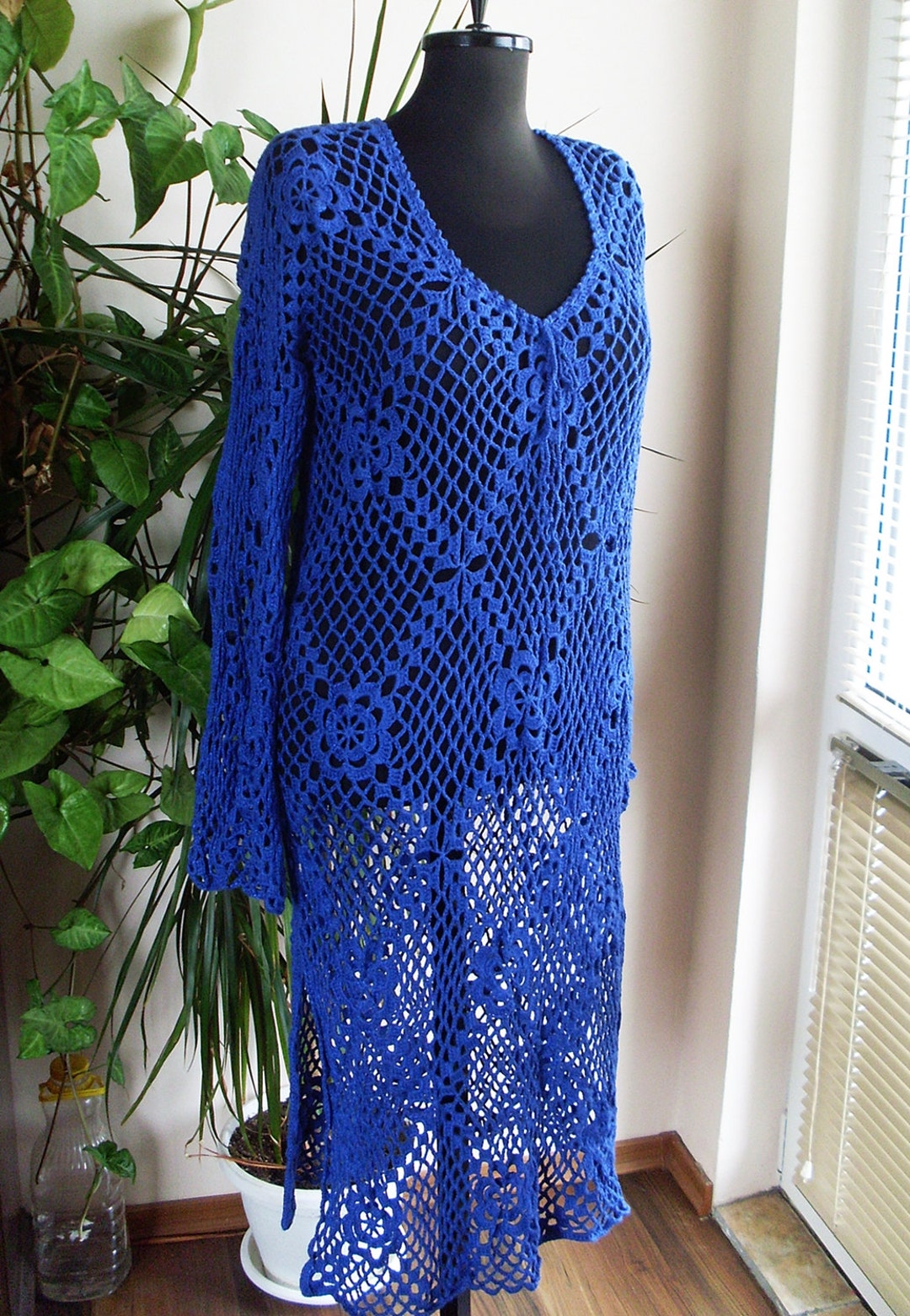 Unique Handmade Beach Coverup Swim Suit Dress, Womens Crochet Blue