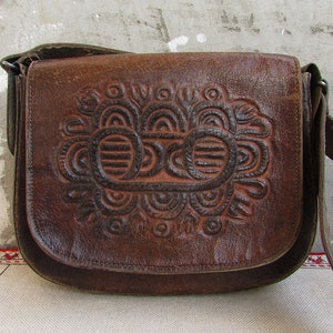 Vintage Brown Genuine Leather Shoulder Handbag, Women Brown Tooled Leather Purse, Patent Leather Strap Bag