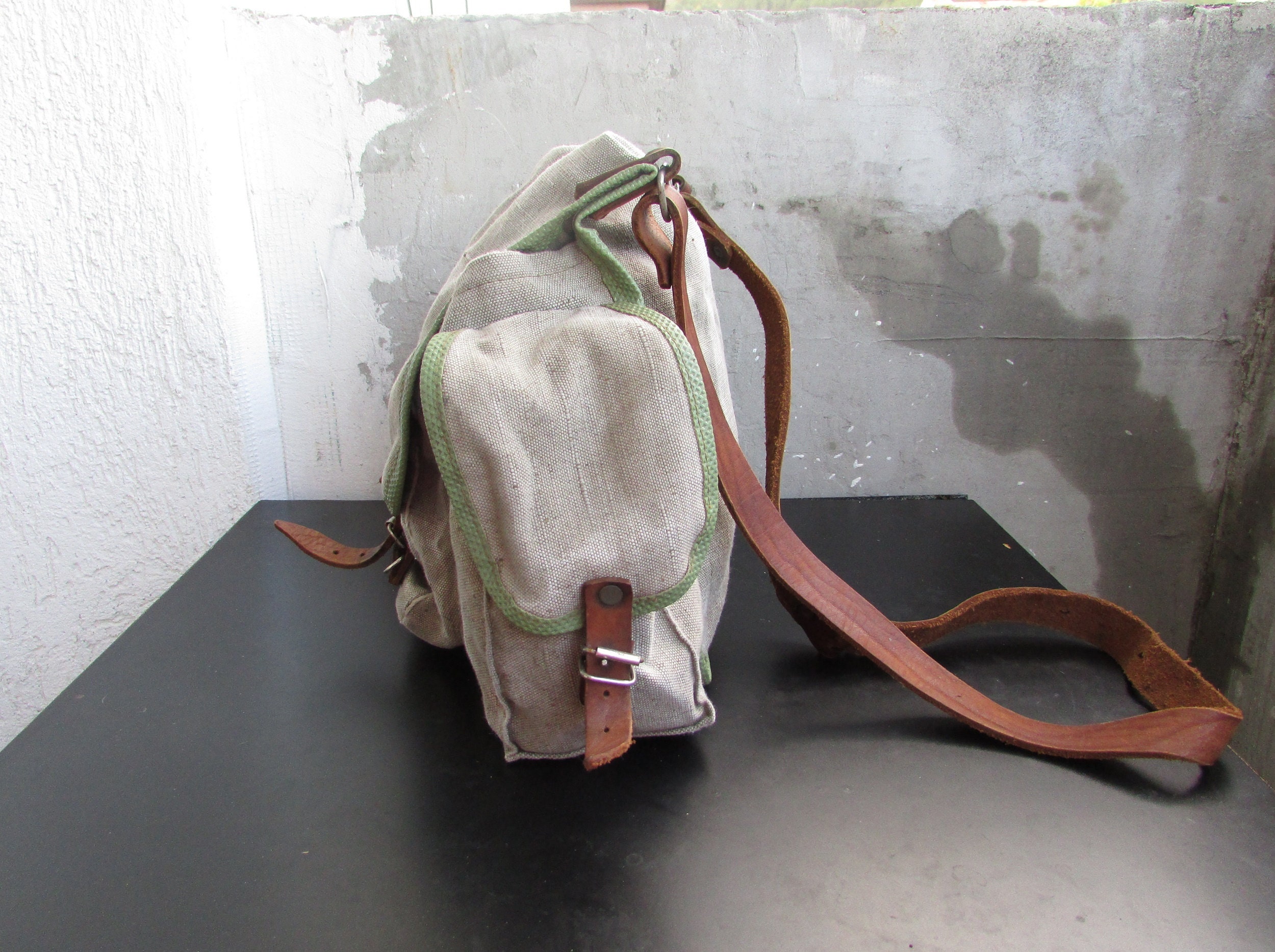 Green Military Canvas Bag Leather Straps Vintage Haversack Etsy