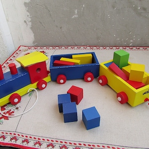 Vintage Toy Train Set, Toy Locomotive, Painted Wood Train Engine and Carriages, Three Piece Toy Train, Decorative Toy Train, Push Along Toy