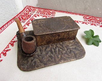 Conjunto vintage hecho a mano de pipa para fumar tabaco, bandeja de cuero, soporte para pipa de cuero y caja de tabaco, soporte para pipa de tabaco, soporte para pipa de cuero