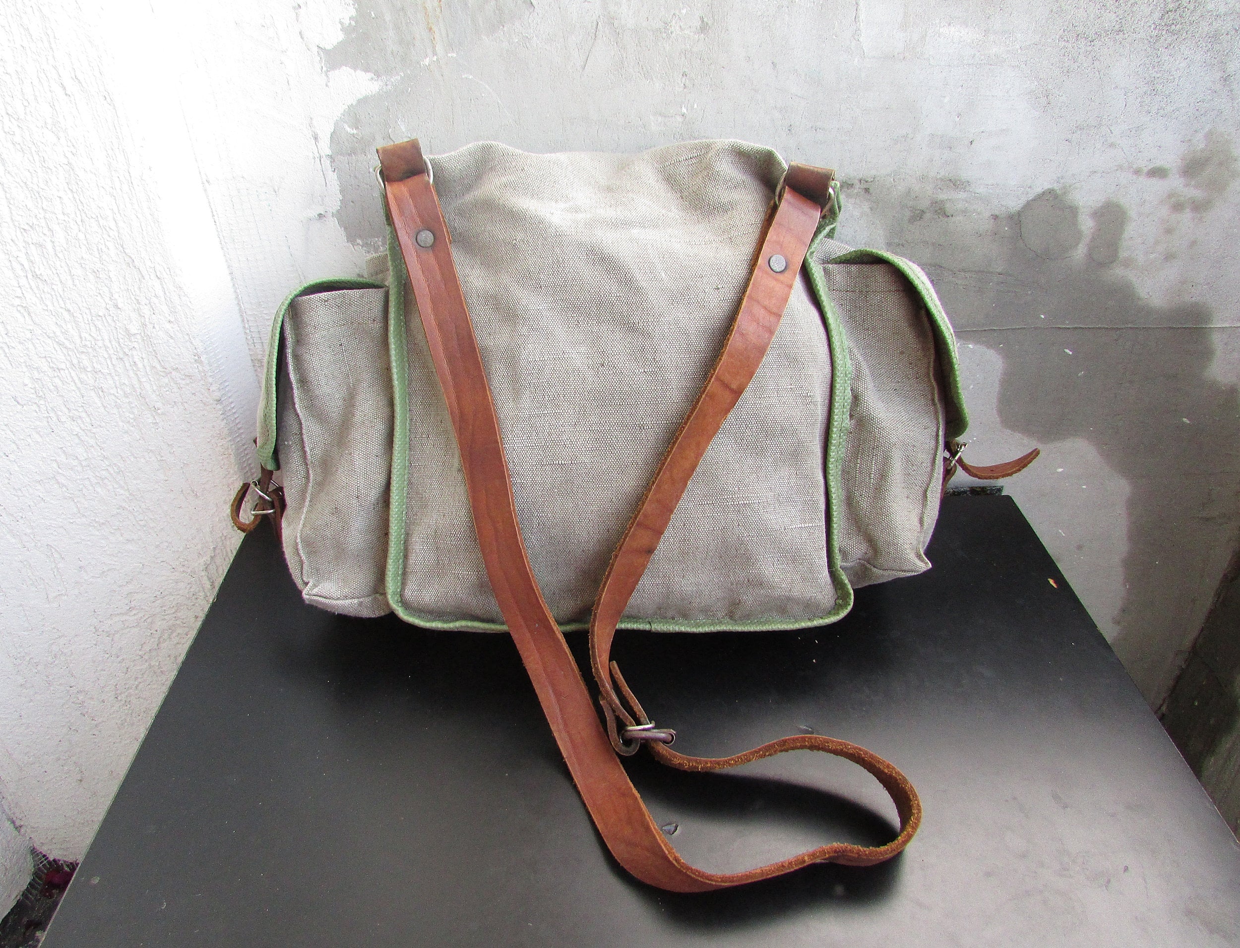 Green Military Canvas Bag Leather Straps Vintage Haversack Etsy