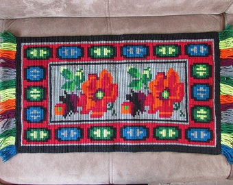 Vintage Wool Embroidered Rug, Bulgarian Folk Art, Small Carpet