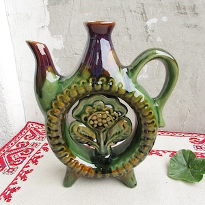Hungarian Vintage Terracotta Earthenware Clay Handmade Pottery Jug Bottle  Water Wine Oil Slipglaze 30-40's, Pot, Flask, Drink Cup Vase Decor 