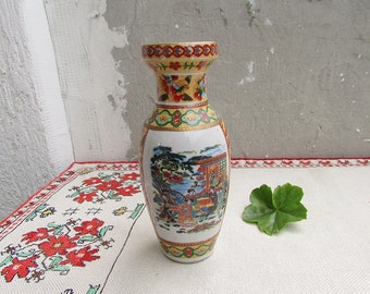 Vintage Satsuma Style Vase: Hand-Painted Garden Scene, Art Pottery