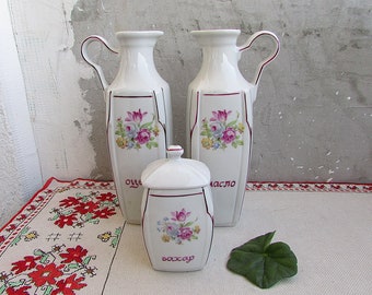 Vintage Vinegar/Oil and Salt Set 1960s, Vintage Porcelain Set of Olive Oil / Vinegar Jugs and Salt Jar, Oil/Vinegar Pourer Storage Bottles