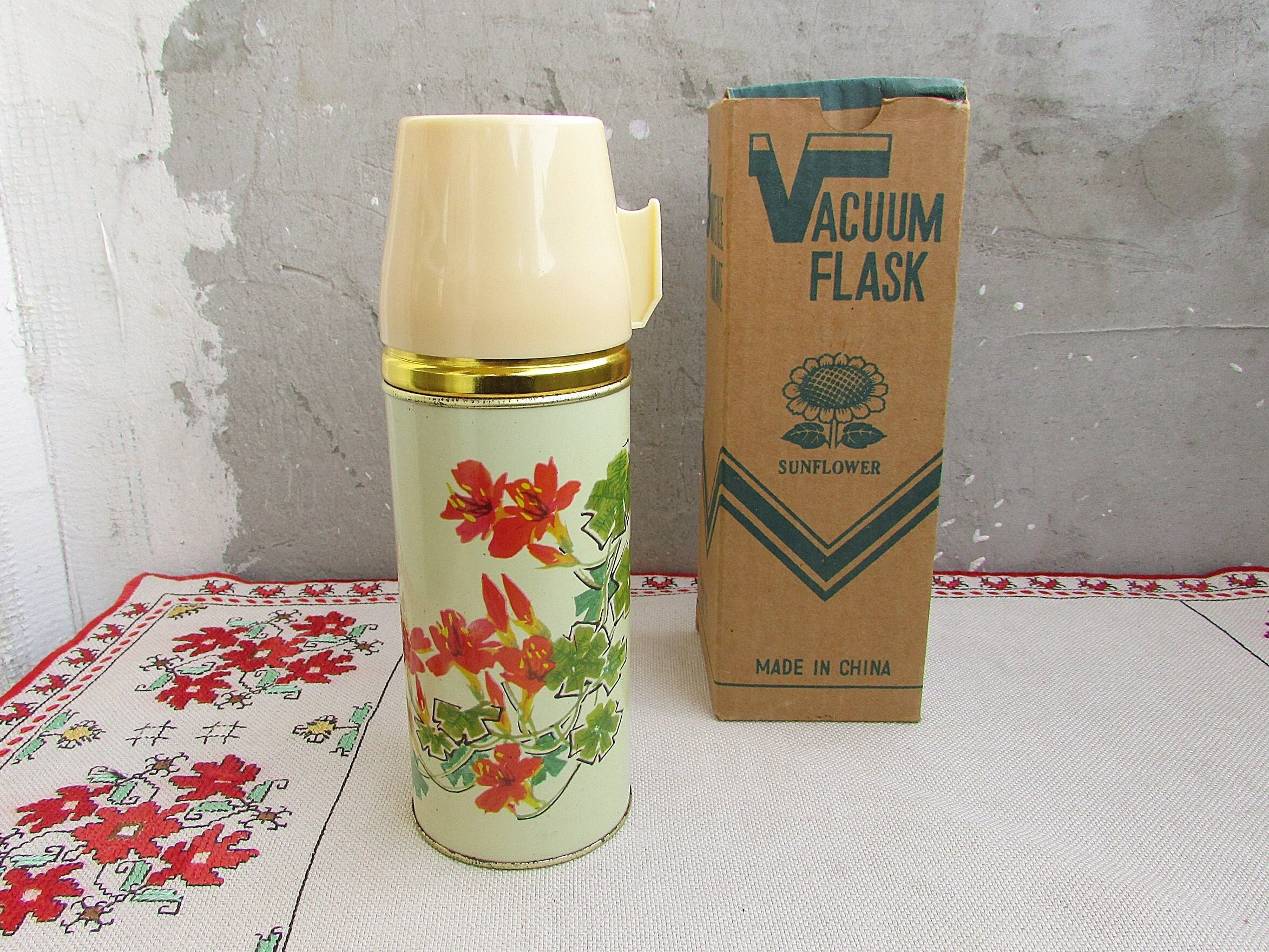 Vintage Small Thermos sun Flower Made in China, Metal Tin Travel