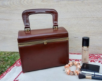 Vintage cosmetische tas voor dames jaren '80, bruine imitatie lederen make-up tas, cosmetische make-up tas, grote cosmetische koffer, toilettas