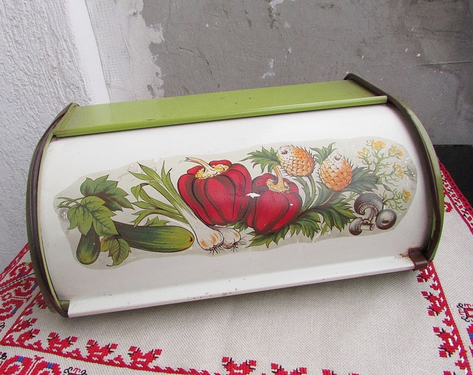 Vintage Metal Bread Box, Large Roll up Bread Box, Retro Kitchen Storage