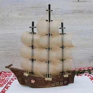 Vintage Wooden Sailing Ship, Handmade Wood Navy Ship #2, Wood Boat Ship Model, Wooden Yacht, Ship with Sails, Vintage Nautical Sailboat