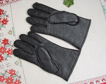 Vintage Black Leather Gloves - Wool Lined Winter Gloves Size 8