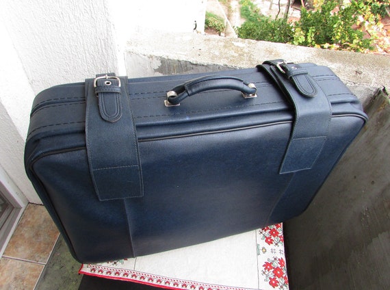 Vintage Leather Suitcase 1980s, Large Blue Faux L… - image 1