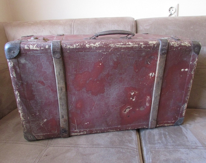Vintage Luggage Suitcase 1940s, Red Cardboard Case, Big Size Suitcase, Storage Case, Old Luggage, Travel Baggage, Collectible Case