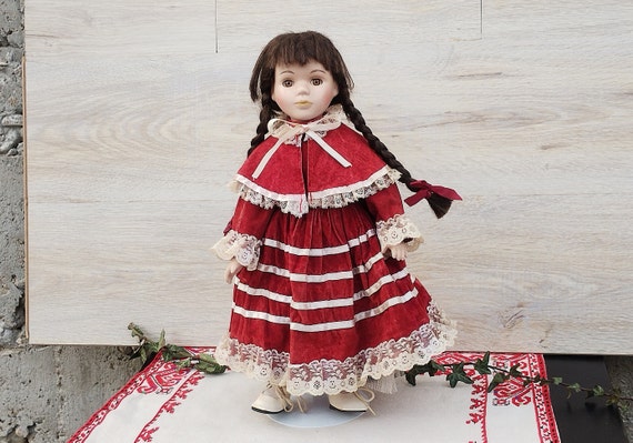 porcelain doll red dress Beautiful 20" Velvet Lace and Hat Vintage, Albert E. Price 18in