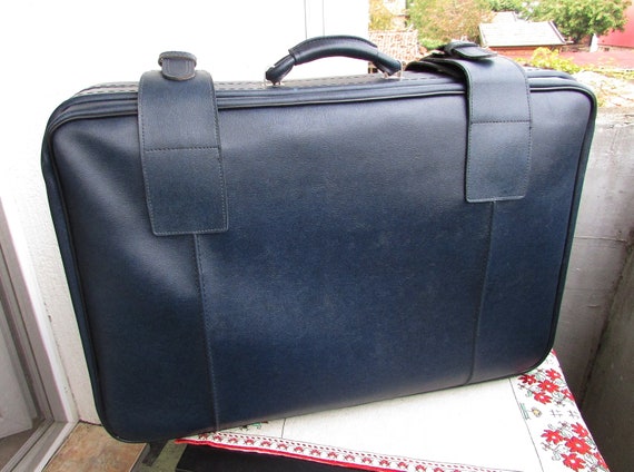 Vintage Leather Suitcase 1980s, Large Blue Faux L… - image 5