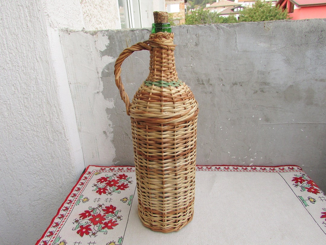 Vintage Hand Blown Glass Carboy Demijohn 2, Wicker Covered Wine Bottle
