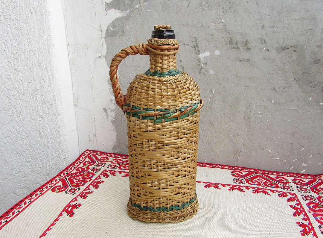 Vintage Wicker Covered Wine Bottle, Hand Blown Glass Carboy Demijohn