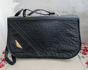 Vintage Black Faux Leather Shoulder Handbag, 80s Style