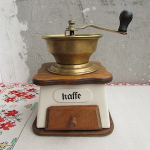 Unique Coffee Grinder, Porcelain Brass Wood Coffee Grinder 1960s, Porcelain Coffee Mill, Old Manual Coffee Grinder, Kitchen Appliance