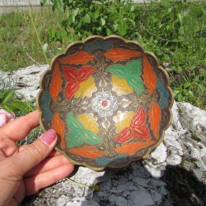 Vintage Brass Footed Bowl, Brass Pedestal Bowl #2, Unique Hand-painted Floral Desigh Bowl, Ornate Candy Fruit Dish, Etched Brass Bowl