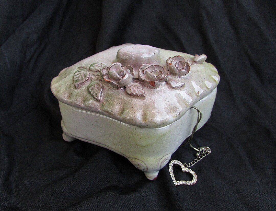 Vintage Ceramic Jewellery Box, Pottery Box With Beautiful Decoration