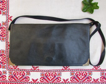 Vintage Dark Blue Leather Crossbody Bag, 80s Shoulder Purse