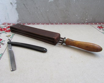 Asentador de cuero vintage de doble cara, herramienta para afilar cuchillas de afeitar, mango de madera búlgara