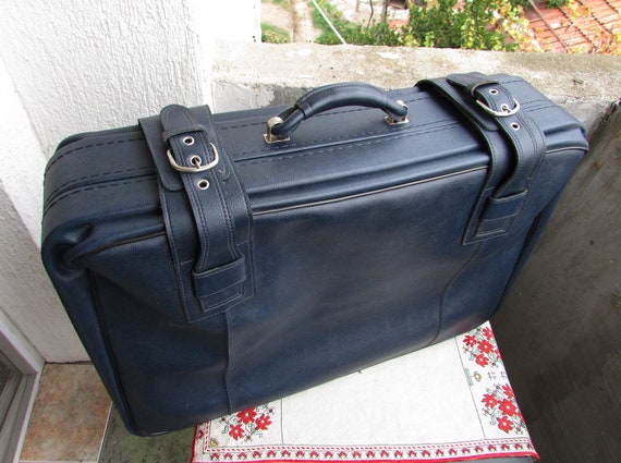 Vintage Leather Suitcase 1980s, Large Blue Faux L… - image 2