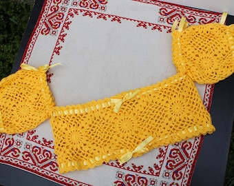 Handmade Crochet Yellow Halter Top, Bohemian Festival Bikini, Ribbon Detail