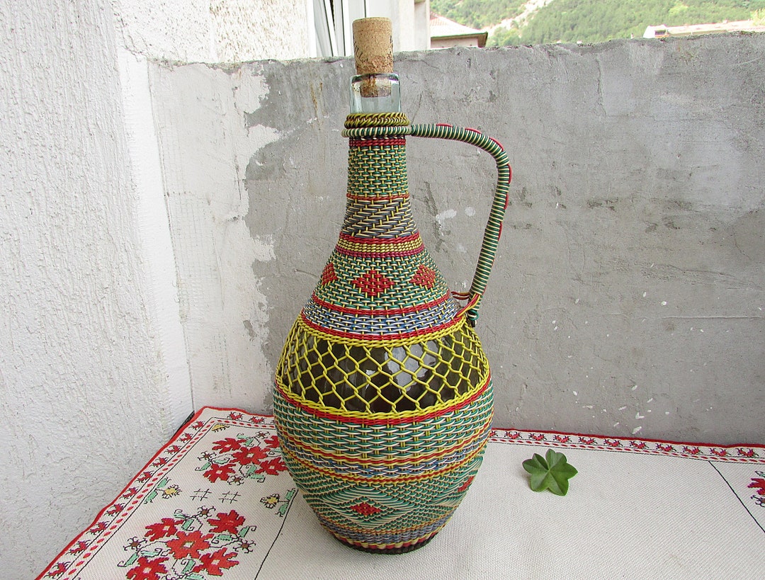 Vintage Hand Blown Glass Carboy Demijohn 3, Plastic Covered Large Wine