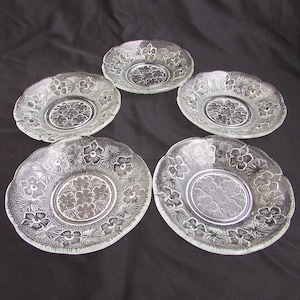 Set of 5 Vintage Small Glass Plates, Appetizer/Dessert Plates #2, Clear Pressed Glass Coasters, Small Round Dish, Sauce Serving, Jam Serving