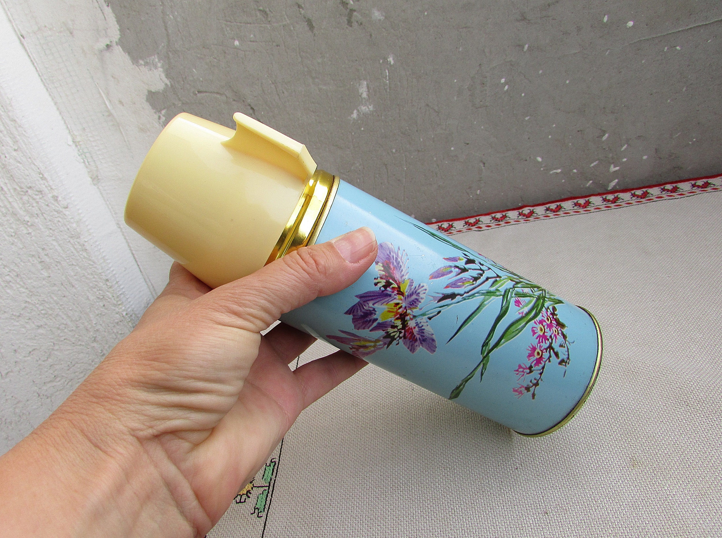 Vintage Small Thermos sun Flower Made in China, Metal Tin Travel