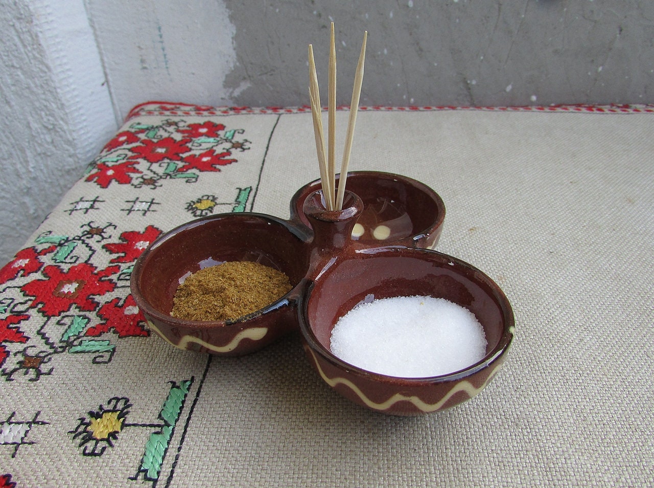 Clay Salt and Pepper Cellar #2, Triple Open Salt Cellar, Clay Salt Shaker, Handmade Salt and Pepper Holder, Traditional Bulgarian Pottery