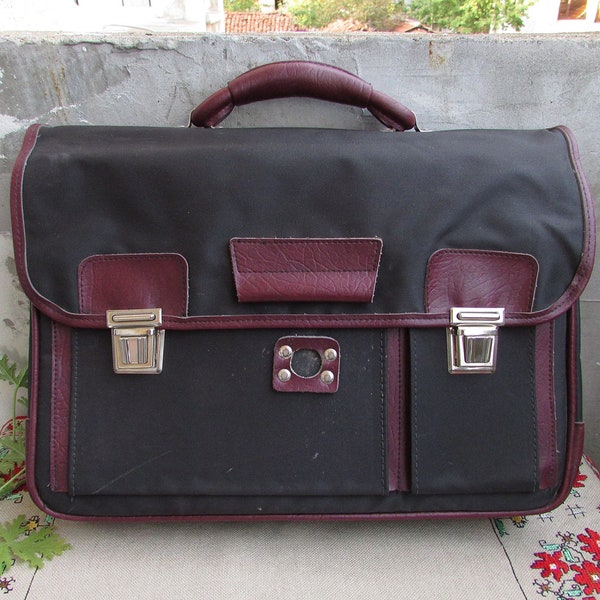 Vintage Military Black Canvas and Brown Leather Trim Briefcase Messenger Bag, Vintage Large Satchel, Vintage Travel Bag, Book Bag