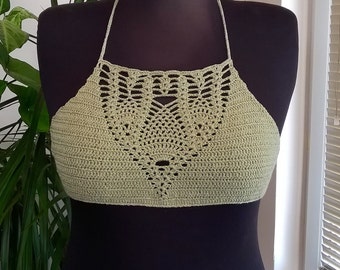 Crochet Halter Top, Bohemian Grey Festival Bikini Top