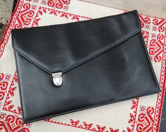 Portafolio vintage de piel sintética negra: bolso para documentos de negocios de los años 70