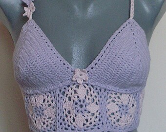 Top all'uncinetto fatto a mano: reggiseno in pizzo lilla, abbigliamento da spiaggia per festival