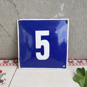 Vintage Blue and White Enamel House Number Five, Door Number 5, Blue Enamel Metal Plate, Blue Address Number, Enameled Sign Number 5