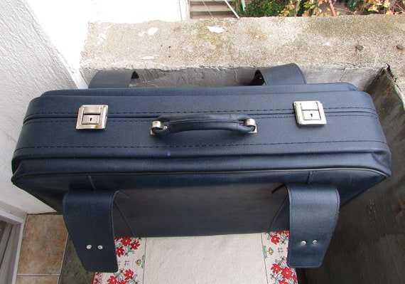 Vintage Leather Suitcase 1980s, Large Blue Faux L… - image 3