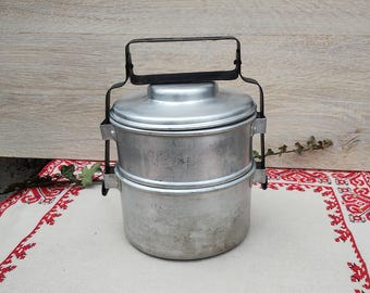 Lonchera vintage de aluminio apilada: kit de cocina militar, decoración rústica