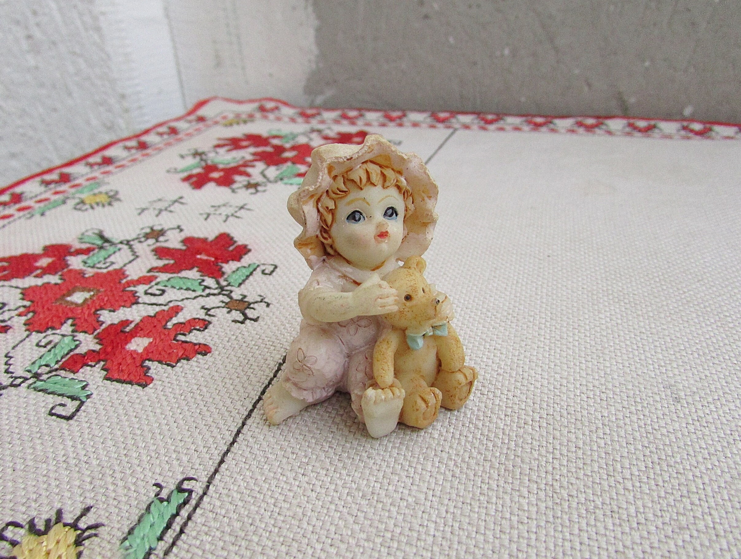 Beautiful Ceramic Figurine, Ceramic Baby with Bear Miniature, Hand Painted Figurine, Figurine Shelf Sitting, Showcases Collectible