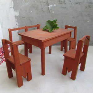 Vintage Wooden Dollhouse Furniture, Vintage Set Wooden Chairs & Tables, Dolls House Dining Room Furniture, Handcrafted Doll Furniture Set