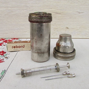 Medical Sterilizer Full Set, Vintage Glass Syringe 2 ml and Needle, Syringe Container, Brass Syringe Holder, Medical Container